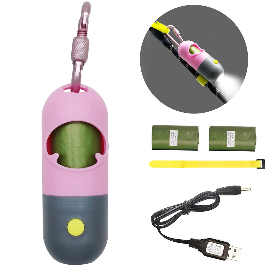 Morn Light Poop Bag Holder with Rechargable Flashlight Dog Poop Bag Holder for Leash with Clip and USB Cable Dog Poop Bag Dispenser with Green Scented Poop Bags(Pink1 Dispenser 45 Bags)
